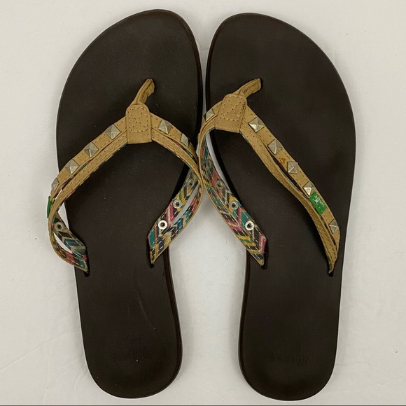 Sanuk Tan Studded Flip Flop Sandals - Picture 4 of 8